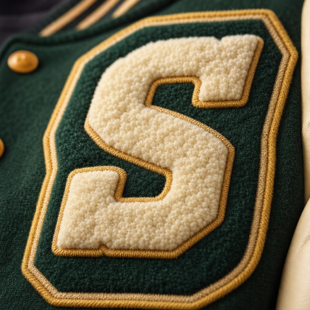 High-resolution sample of a chenille varsity letter patch — plush cream letter on green felt