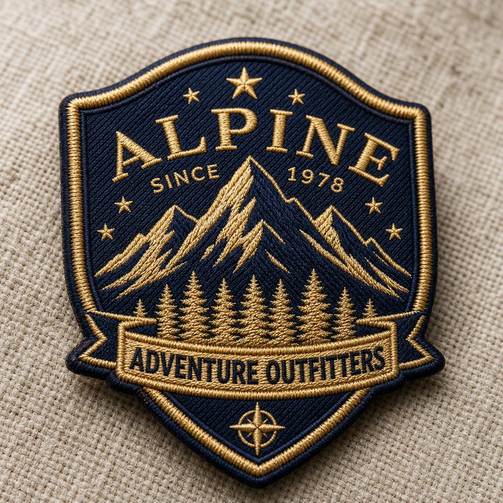 High-resolution sample of a custom embroidered patch — raised gold and navy threadwork on linen