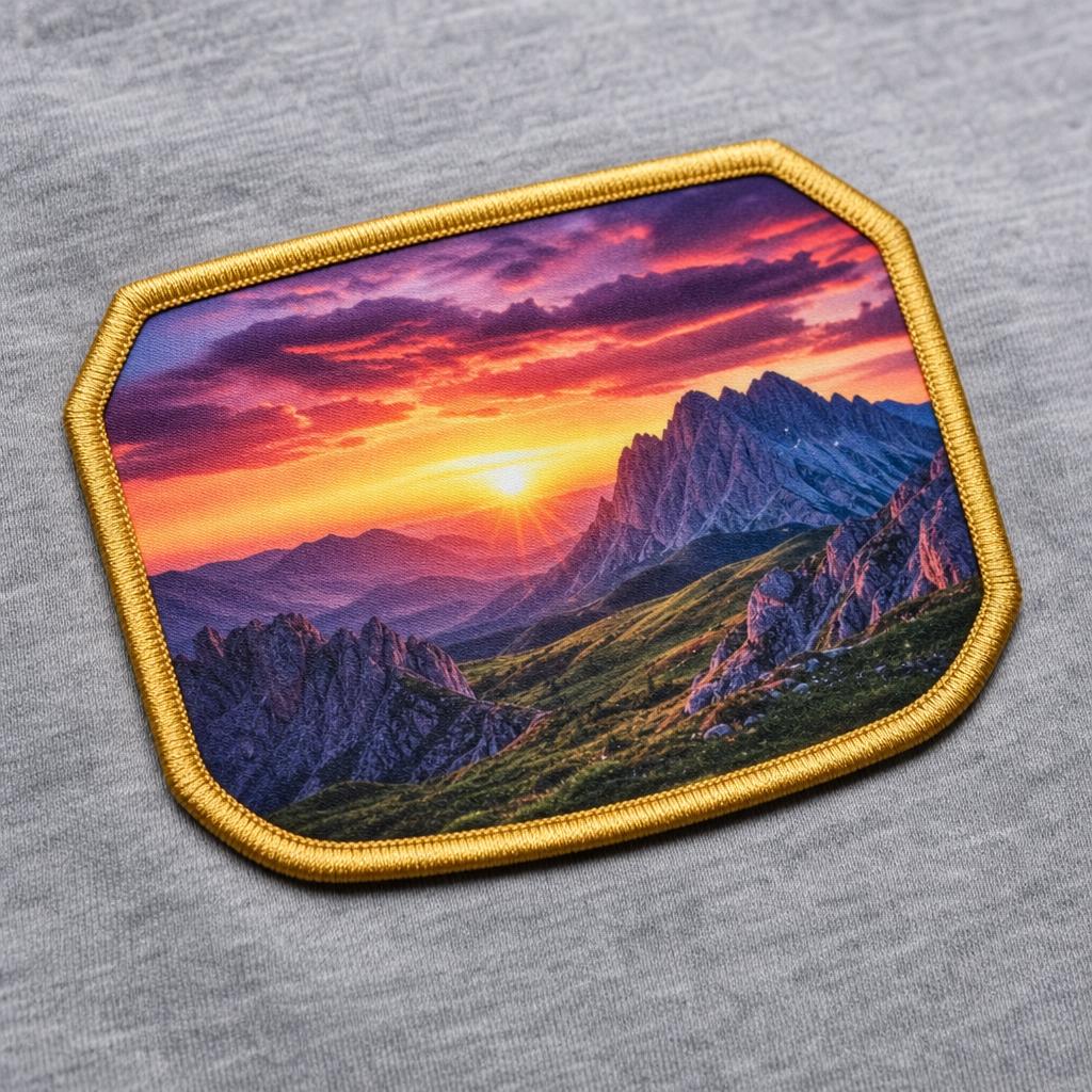 High-resolution sample of a dye-sublimated printed patch featuring a sunset mountain scene