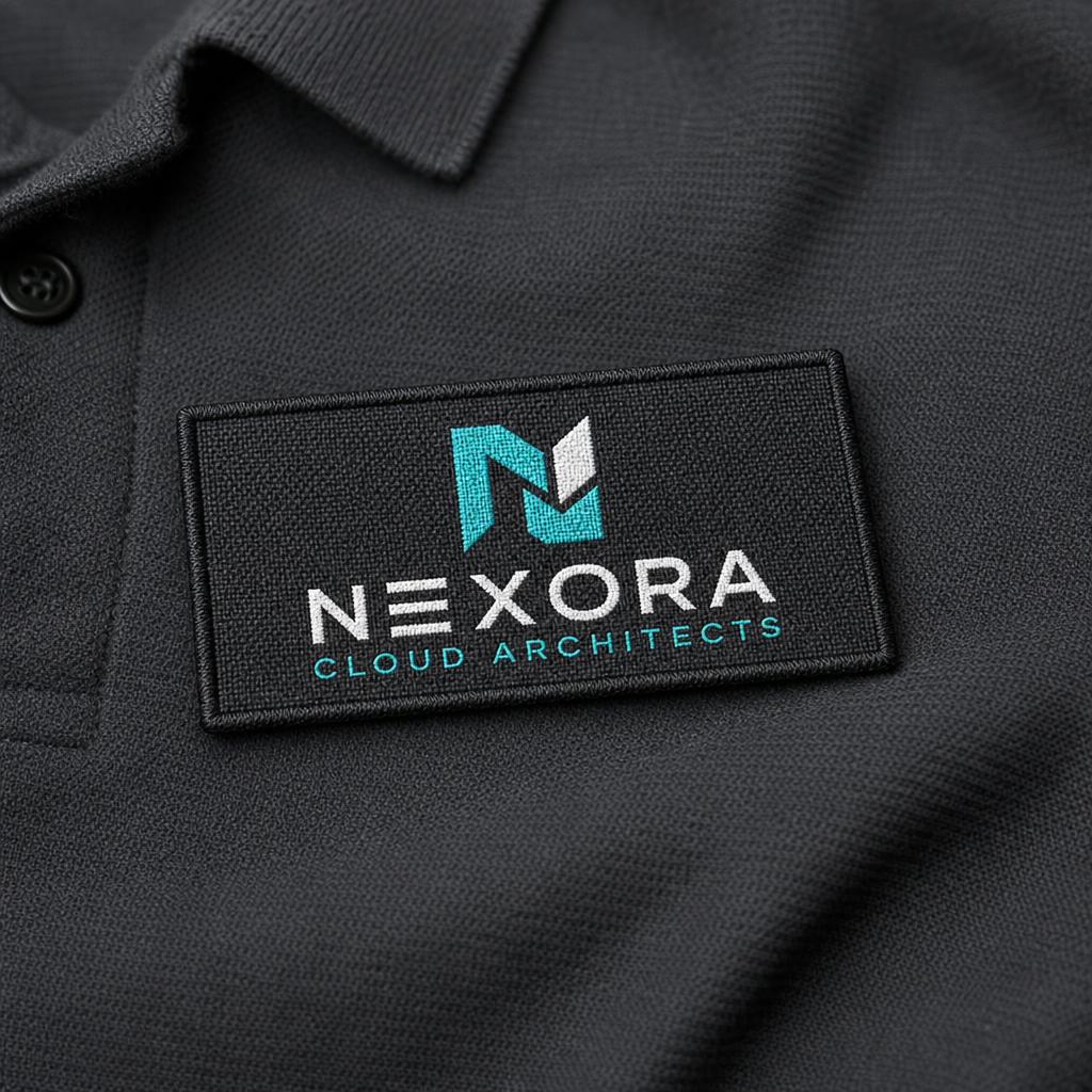 High-resolution sample of a finely woven logo patch on a charcoal polo