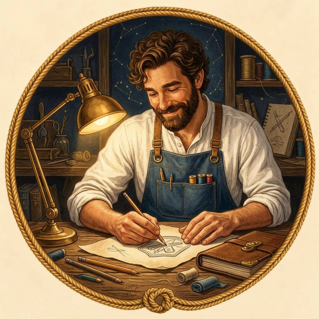 Illustrated artisan leaning over his workbench sketching a patch design with a pencil under a warm lamp